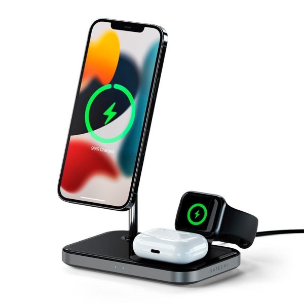 Satechi 15W Magnetic 3-in-1 Wireless Charging Stand - MagSafe Kompatibel - Sort   Grå Hot on Sale