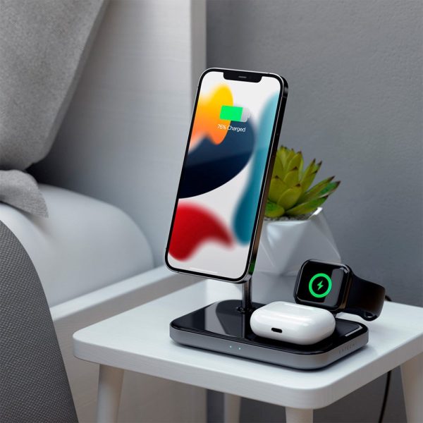 Satechi 15W Magnetic 3-in-1 Wireless Charging Stand - MagSafe Kompatibel - Sort   Grå Hot on Sale